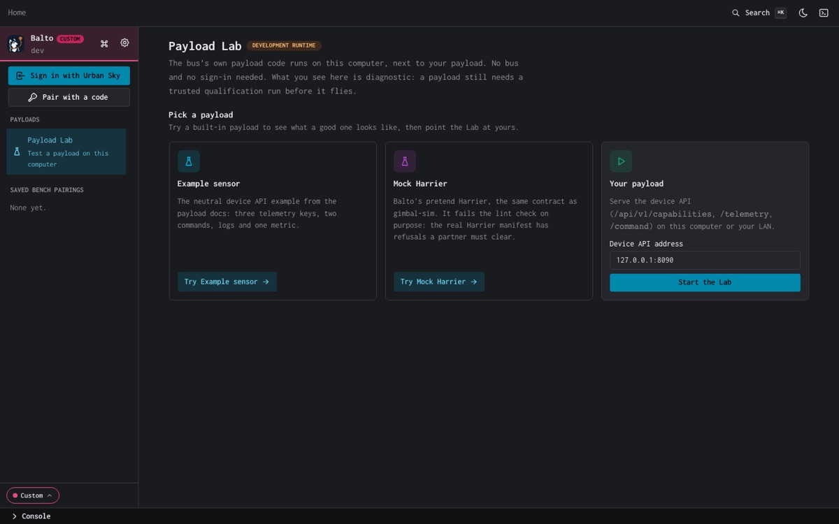 Payload Lab: pick a built-in payload, or point the Lab at yours